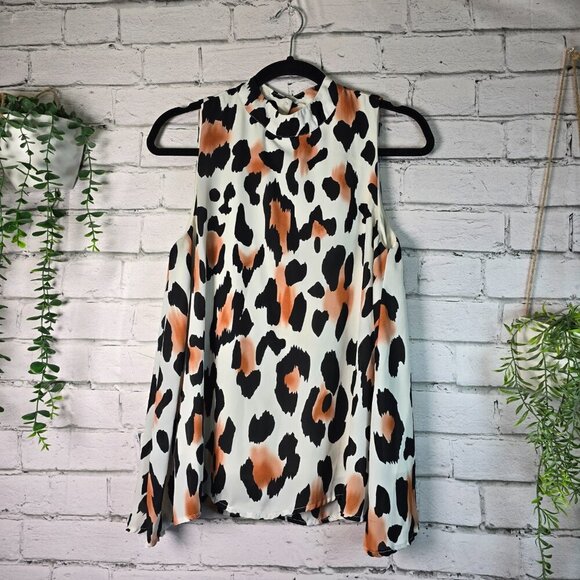 PEACH LOVE HALTER FLOWY TOP WHITE WITH LEOPARD PRINT LINED SIZE SM - Picture 1 of 7